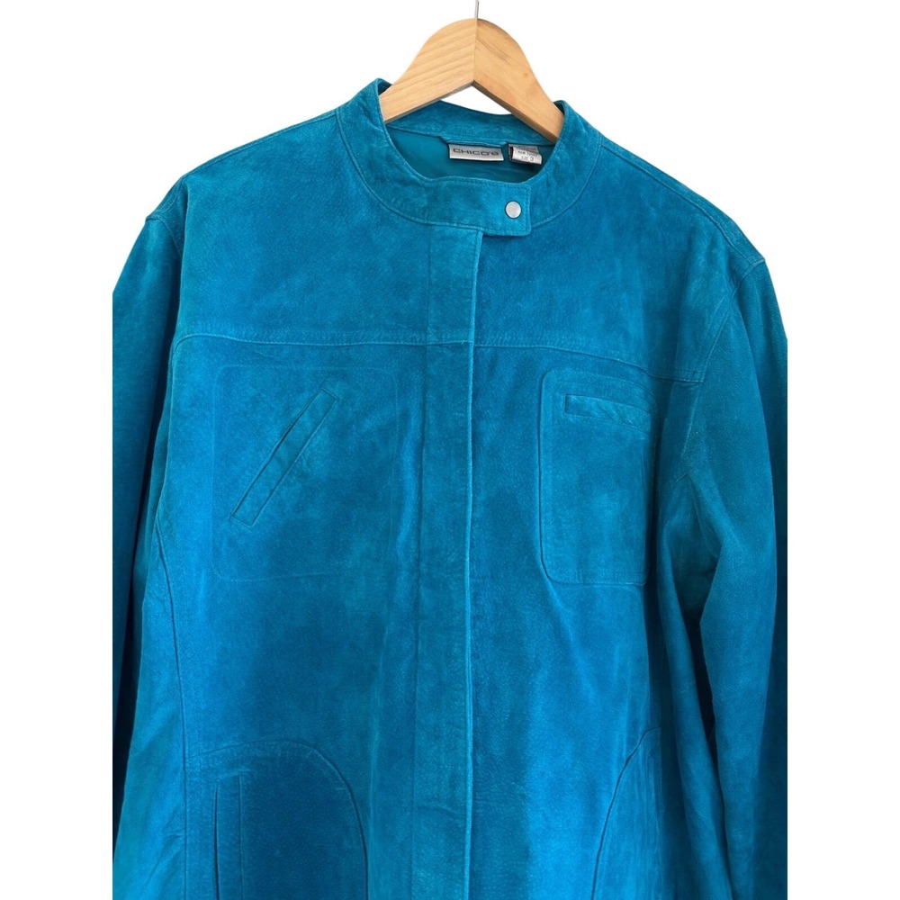 Chicos Turquoise Blue Suede Leather Jacket Mock Neck Snap Front Size 3 L XL